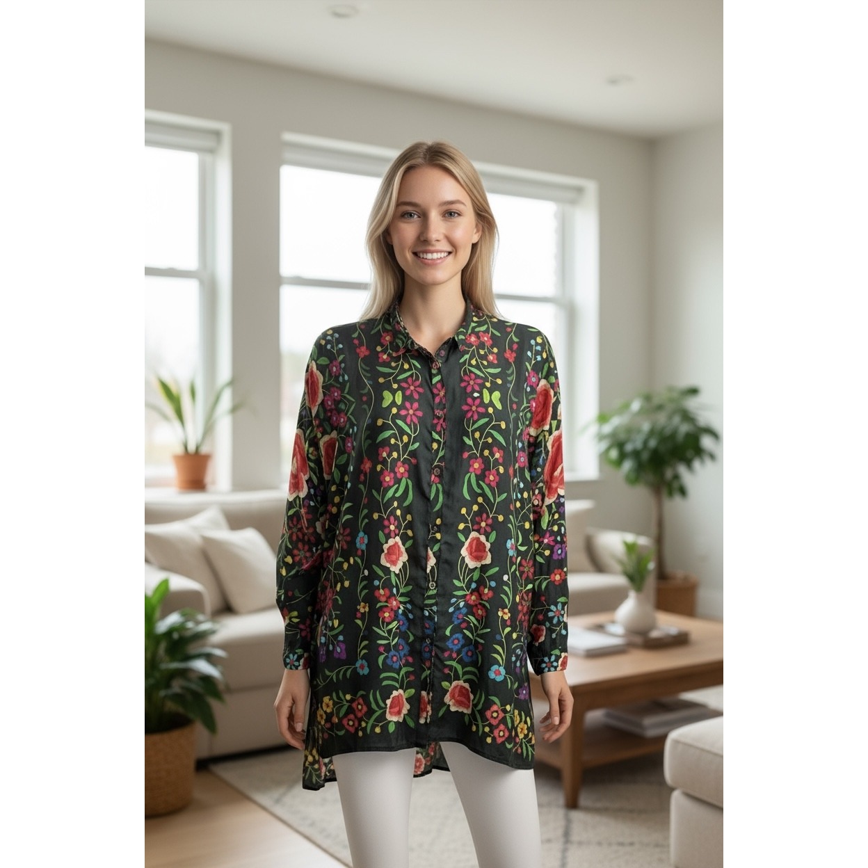 Johnny Was Floral Print Silk Tunic Top Xs Oversized Button Down Blouse